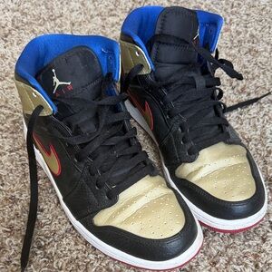 Jordan Black, Gold, and Red High-Top Sneakers